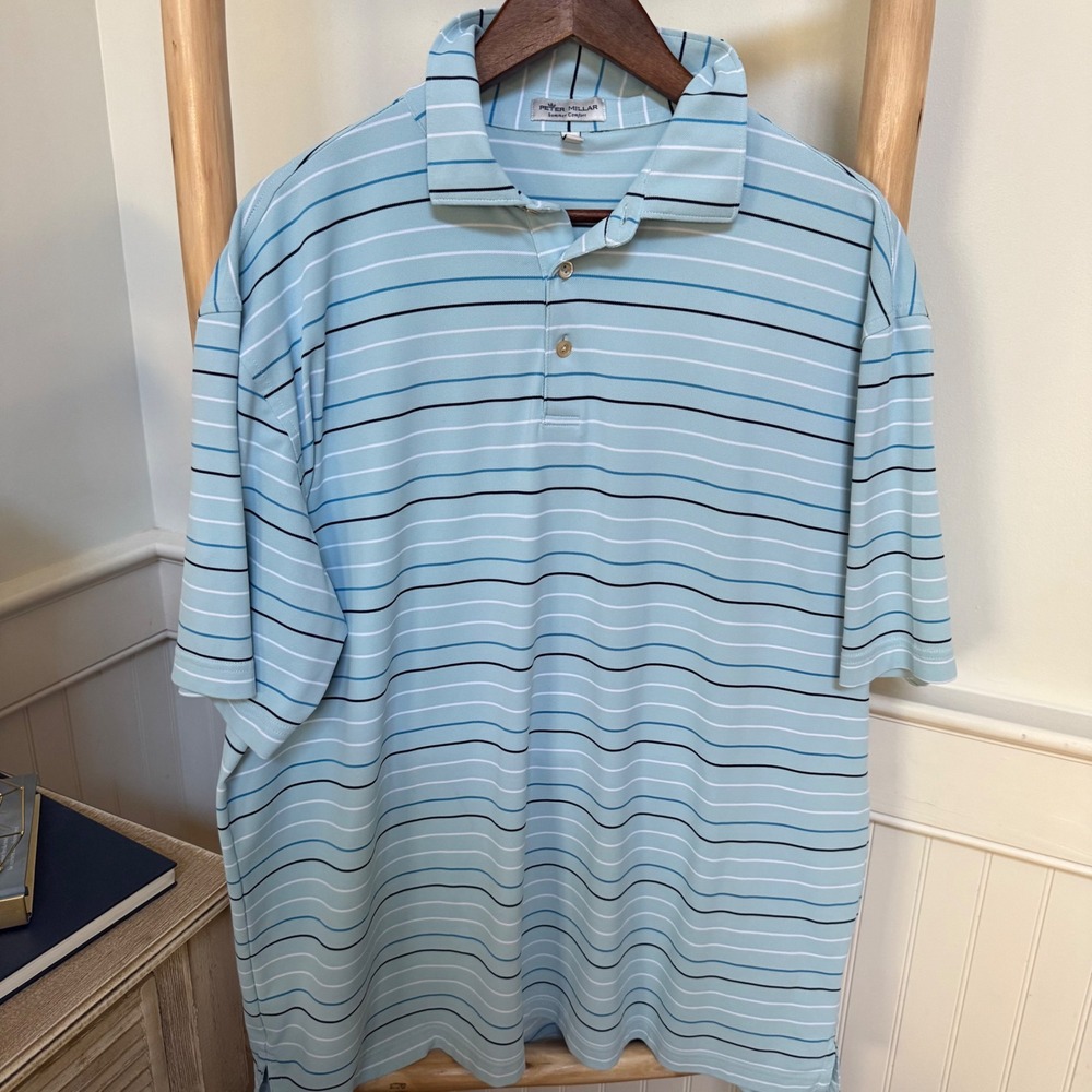Peter Millar Summer Comfort Mens XL Blue Striped Performance Golf Polo Shirt